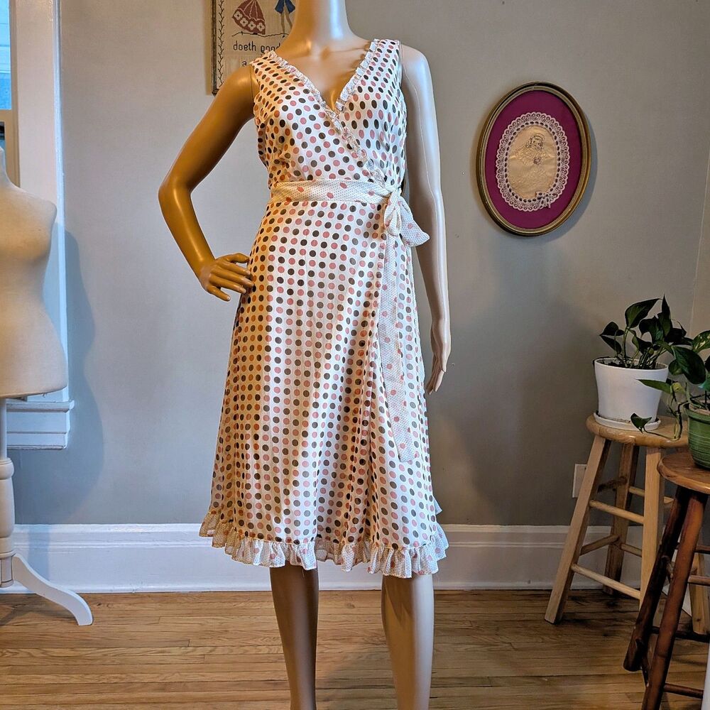 Vintage Y2K Jonathan Martin Midi Dress Polka Dot Wrap Ruffle Size 6 Petite